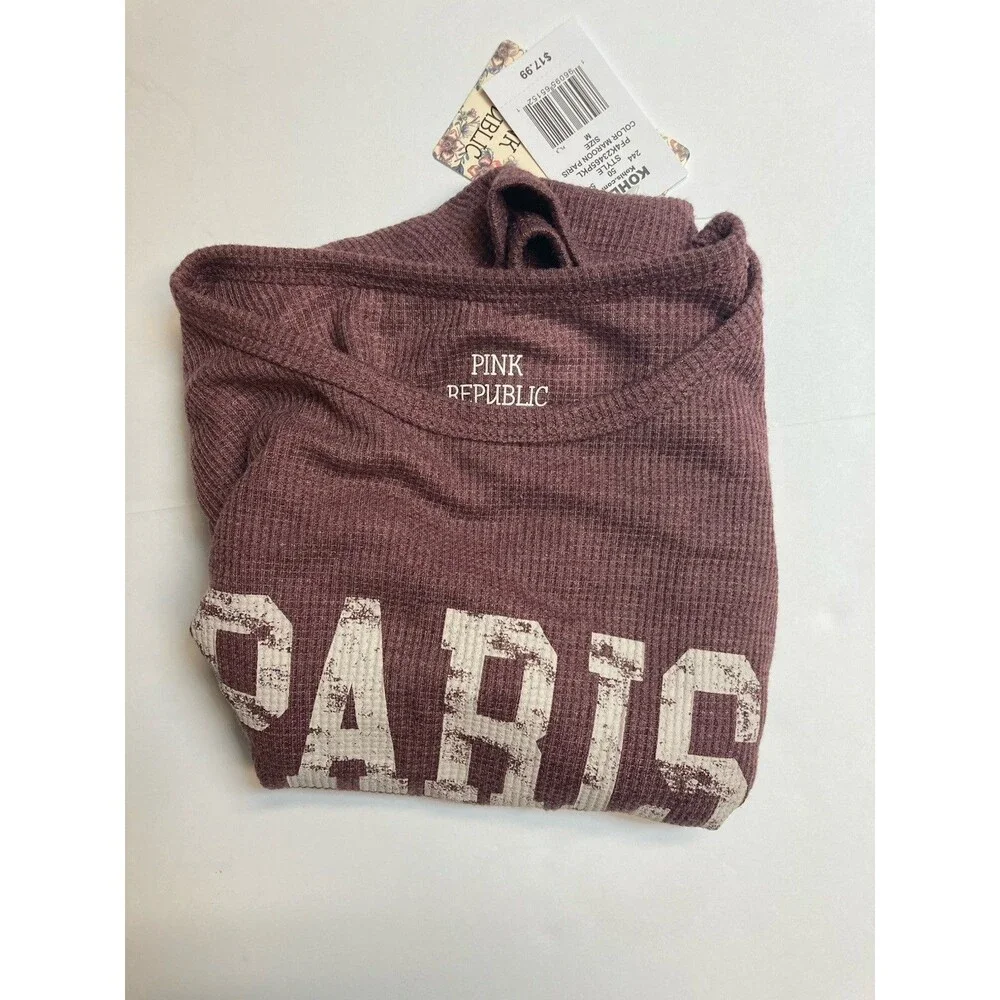 Pink Republic Women's Maroon Paris Graphic Scoop Neck Long Sleeve Knit Top M